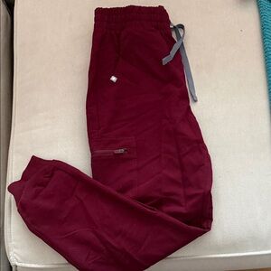 Figs Maroon Jogger Pants with Light Gray Drawstring